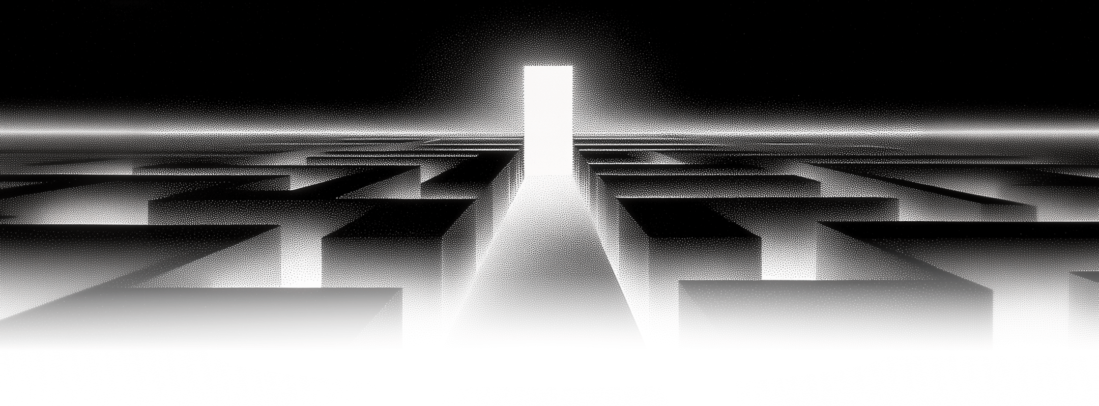 A lit doorway at the end of a corridor of dark blocks, rendered in stipple.